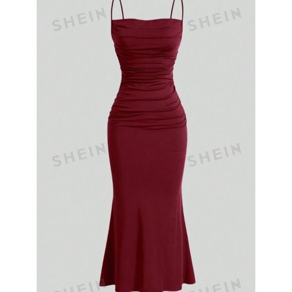 SHEIN MOD NWT Red Solid Ruched Cami Midi Dress XS - Picture 1 of 5